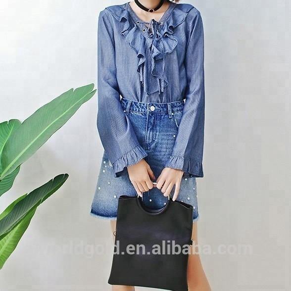 Breathable Young Ladies Long Ruffle Sleeves Tops Dark Blue Color Casual Style