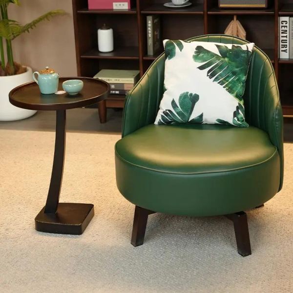 Retro Single Sofa Chair Balcony Leisure Backrest Chair Living Room Salon Comfortable Leather Seat Solid Wood Frame Accent Chair