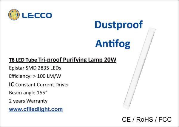 Tri Proof 2ft T8 LED Tube Light 6000K 20W Ceiling Mounted 100 LM / W