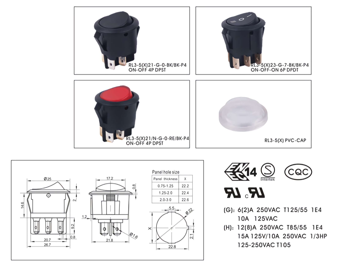 Arcolps 4 Pin DPST Rocker Switch RL3 5X Series Red Cap 15A 250VAC CQC for Certified 200000 Times ON-OFF for Power Control Panels