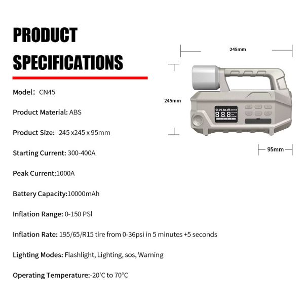 Charger Jump Starter Power Portable Tires Air Compressor 10000mAh Automobile Battery Jump Starter Car Battery