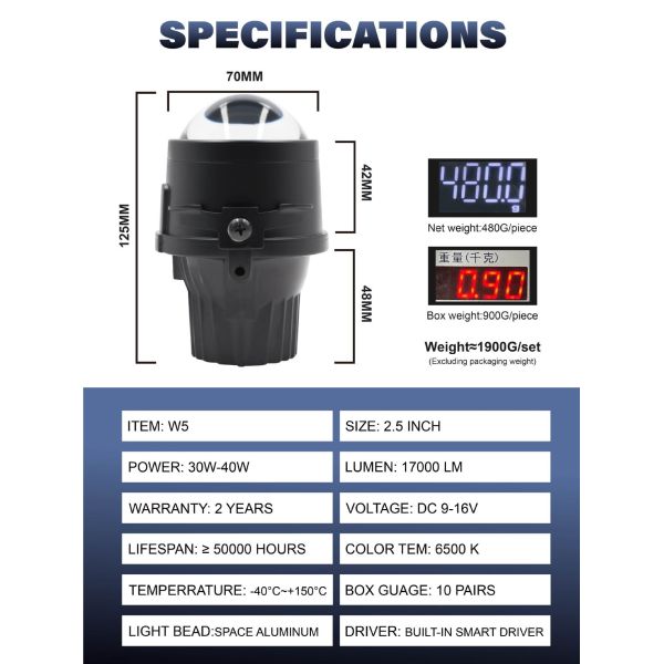 2.5 Inch LED Fog Projector Lamp 45W Focused Output 6000K Universal Use