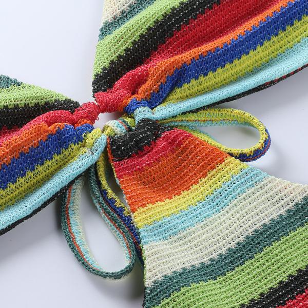 European and American sexy colorful striped hollow halter beach holiday suspender dress