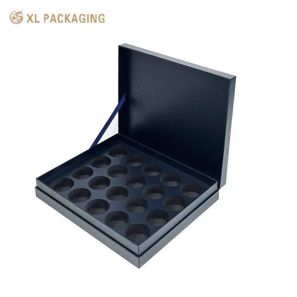 Dark Blue Hinged Linked Lid Paper Packaging Box With Ribbon For Tea Food Gift