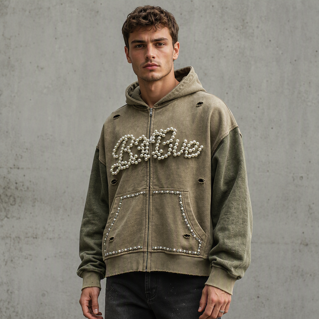 Tianan Custom Acid Wash Hoodie Vintage Stone Wash Distressed Pearl Rhinestone Spliced Sleeve Streetwear Loose Boxy Zipper Hoodie