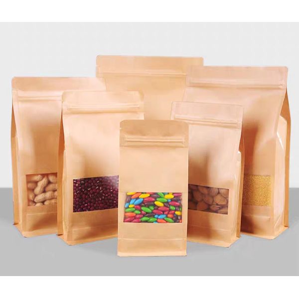Oem Kraft Paper Food Resealable Paper Pouches With Window