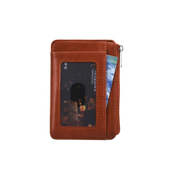 Women Brown Leather Business Card Holder Debossed Logo With Zip Pocket