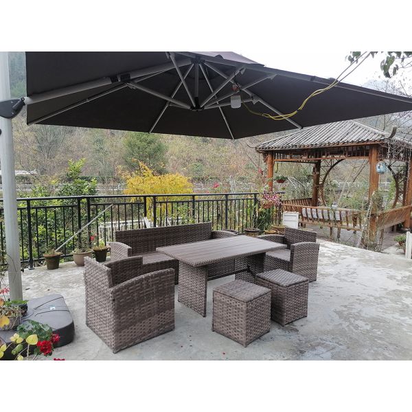 6 Pieces Patio Dining Set All Weather Wicker Furniture Steel Frame Rattan Dining Table and Chair Poly Wooden Table Top