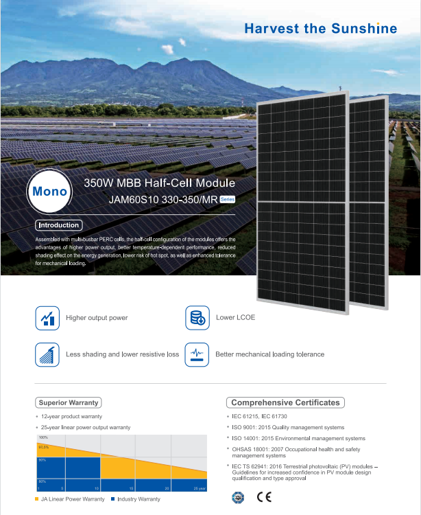 JA Solar Panel 330W 335W 340W 345W 350W Half Cell Perc Solar PV Module Price