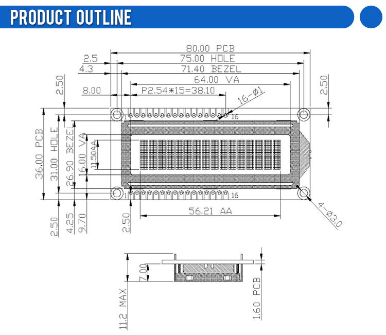 Russian Yellow Green Film 1602W-6 Large Window Double Row LCD Screen Module 64*16MM AIP31066L