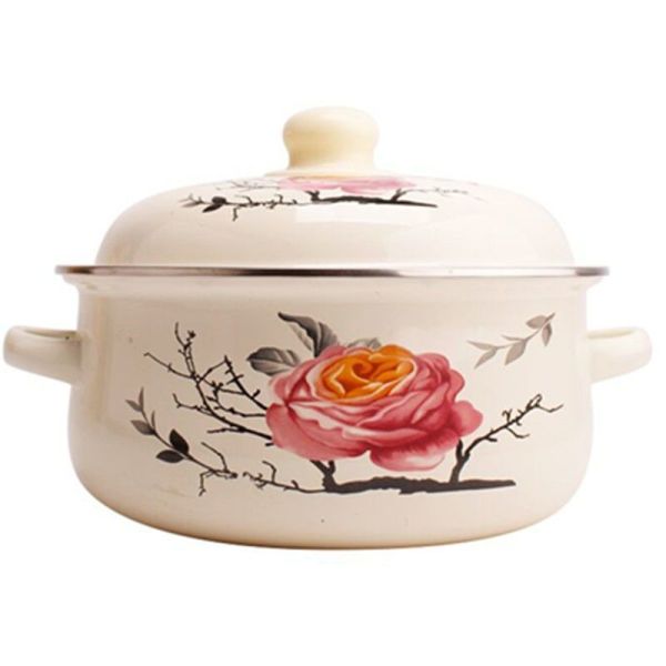 Handmade Custom Enamel Casserole Pot White Enamel Coating Flower Decal Soup Stew Pot