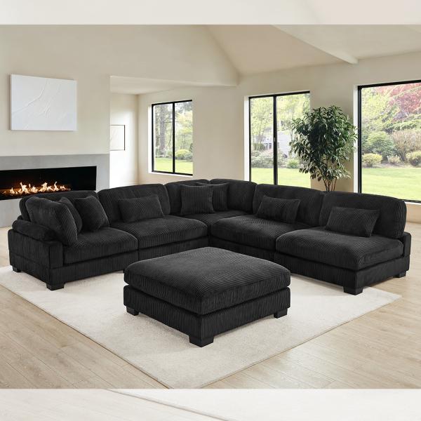 Canapé modulable sectionnel, tissu en velours côtelé noir