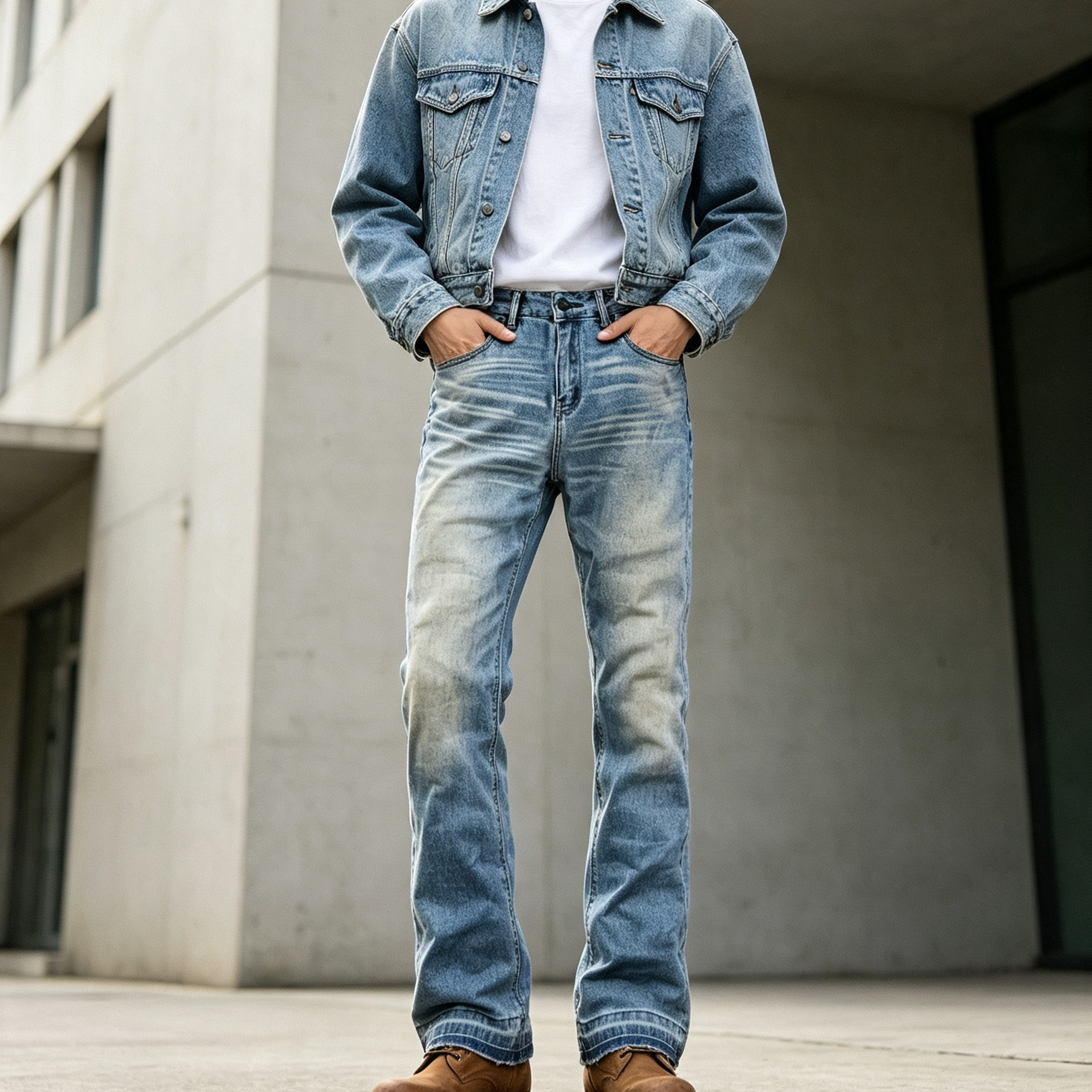 Light Washed Men's Jeans Mid Rise Flare Denim Jeans With Whisker Detailing