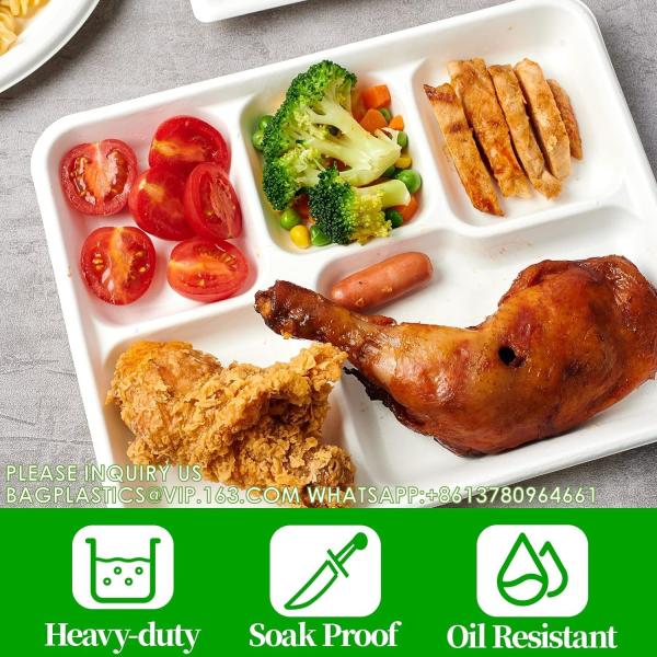 5 Compartment Plates, 125 Pack Disposable Paper Plates, Biodegradable Sugarcane Plates, Eco-Friendly School