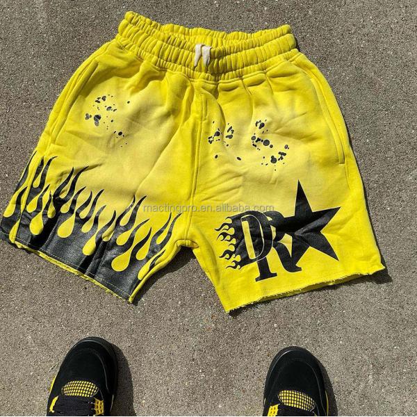 Blue Black Acid Wash Shorts Yellow Drawstring Closure Graphic Print Cotton French Terry Streetwear Shorts Men