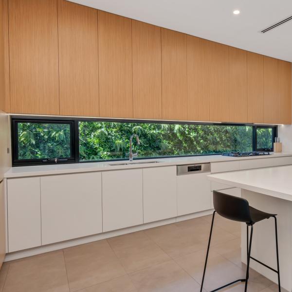OEM Melamine Kitchen Cabinet  L Shape Handless Wood Grain