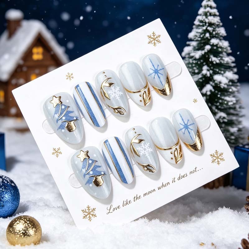 Wholesale Blue Snowflake Christmas Holiday Press On Nails Almond White Gold Foil