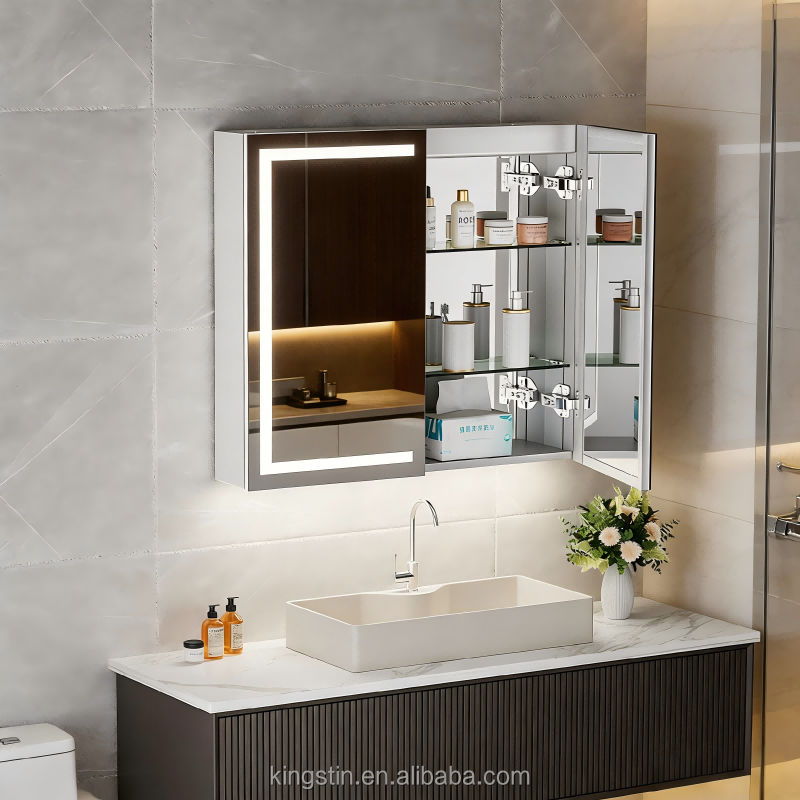 Kingstin Double Door LED Lighted Bathroom Mirror Cabinet with Storage Shelves Anti-Fog Illuminated Mirror for Vanity Setup