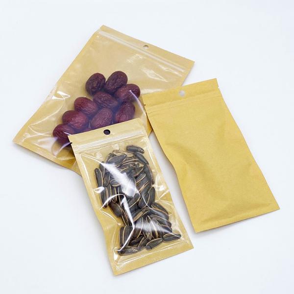 9x15cm Heat Seal Smell Proof Plastic Clear Front Brown Kraft Paper Flat Zipper Bags for Food Packaging with Hanging Hole
