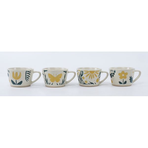 Speckled Yellow Botanical & Butterfly Ceramic Mug Set (4 Nature Art Designs)