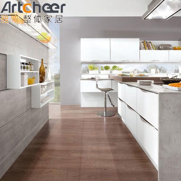 White Solid Wood L Shape Kitchen Cabinets with WPC Pantry Storage Design Concept
