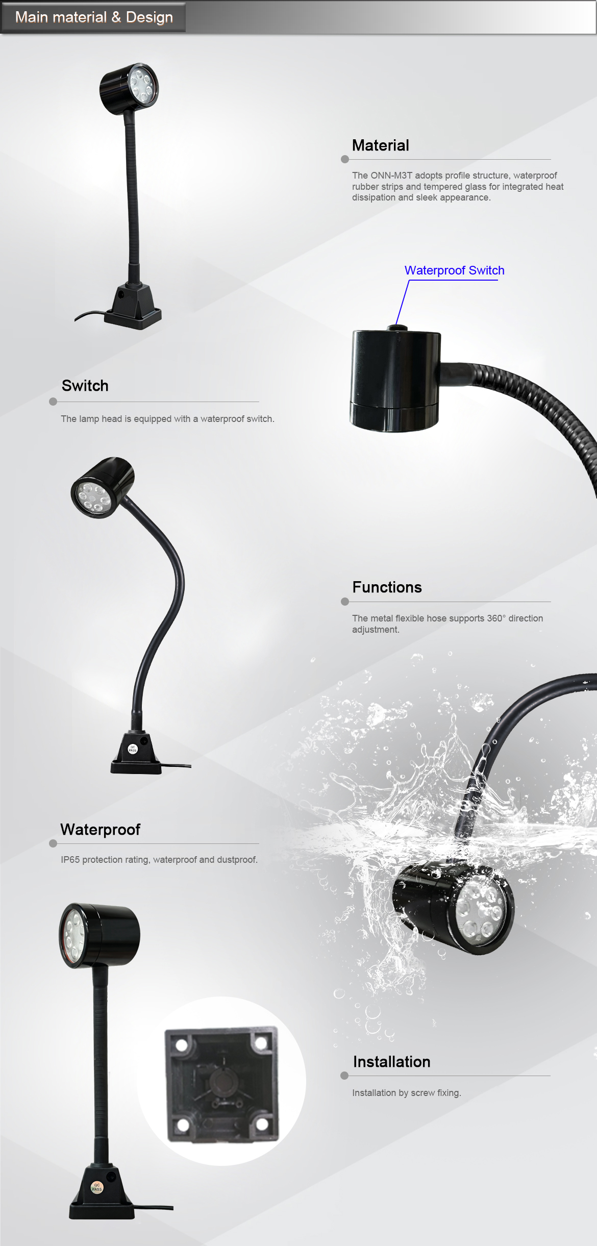 ONN‑M3T IP65 Flexible Gooseneck Machine Work Light | 360° Adjustable Metal Hose