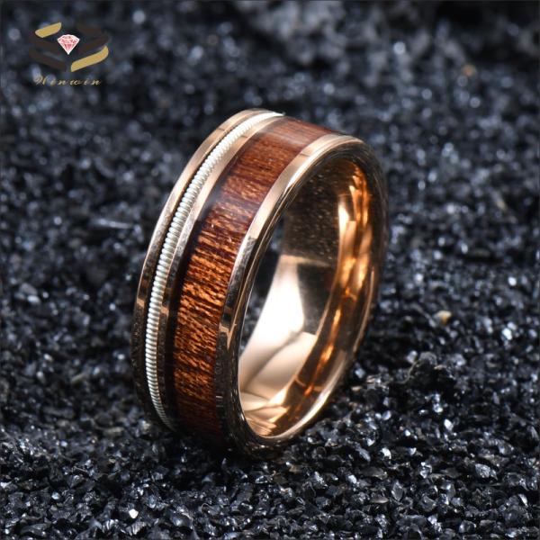 8mm Mens Tungsten Wedding Band Ring Rose Gold Finished With Koa Wood Inlay