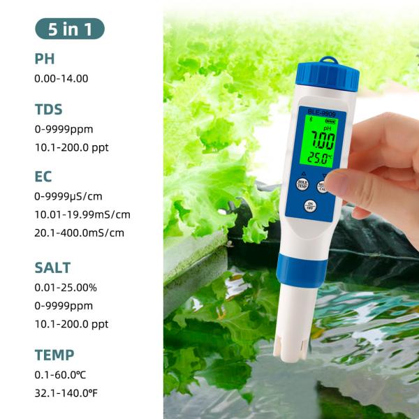 Smart 5 - In - 1 Bluetooth Water Quality Tester PH/TDS/EC/Salt/Temp Meter For Home Aquaculture Hydroponics