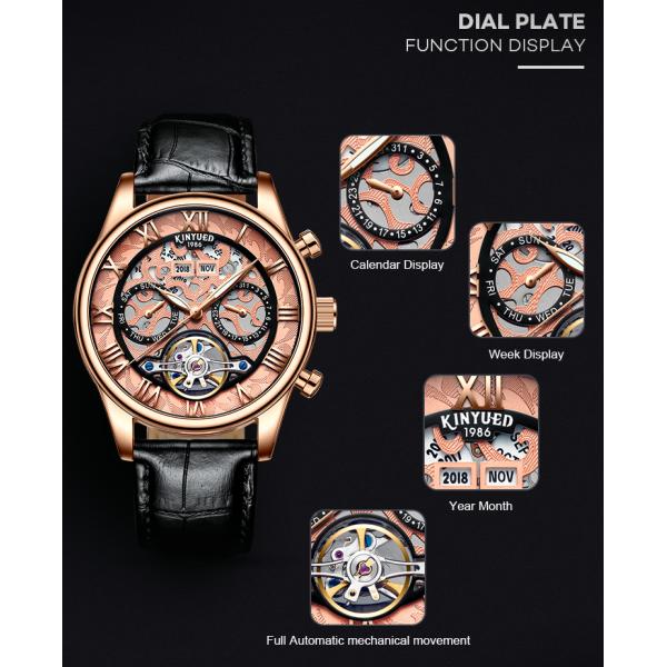KINYUED genuine leather tourbillon mens automatic watch skeleton mechanical watch luminous watch