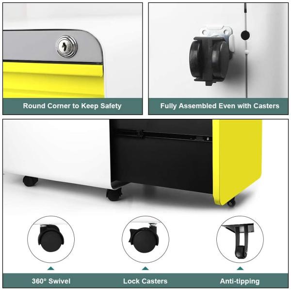 Round Edge 3 Drawer Metal Mobile File Cabinets With Lock