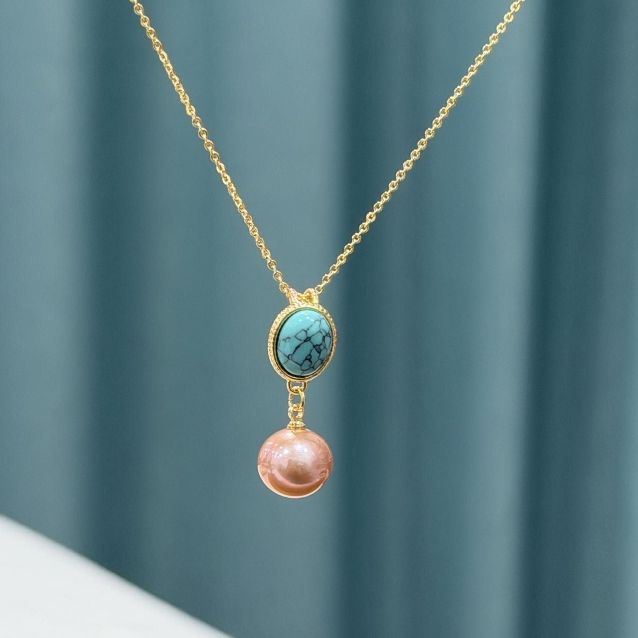 925 Silver 18K Gold Plated Pendant Necklace, Natural Freshwater Pearl With Turquoise‑Look Stone Dual Drop Necklace, Elegant Vintage Women Jewelry Wholesale