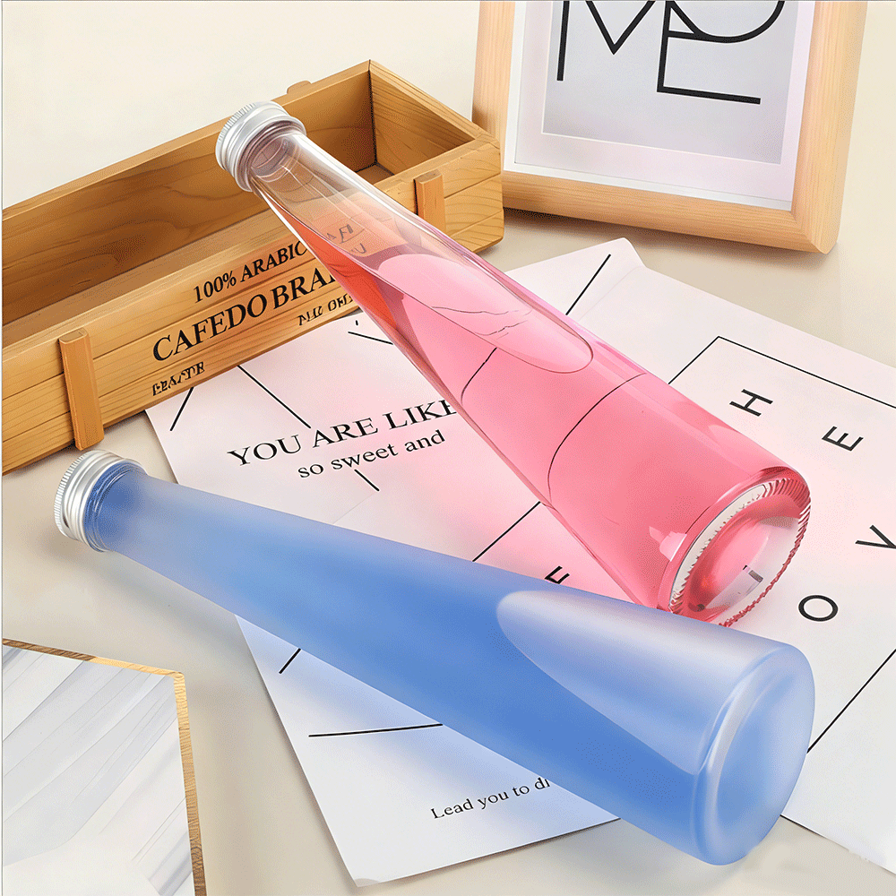 Conical Shape Clear Transparent Glass Juice Bottle Reusable Eco Friendly Beverage Container 250ml 330ml