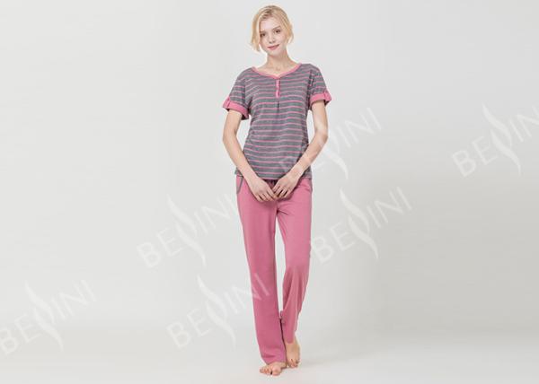 Homestyle Round Neck Women'S Pajama Short Sets , Ladies Striped Pyjamas sets