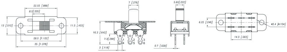 Светлый переключатель скольжения SUS страны, DPDT ON-ON, 35*13*9mm, UL, AC 3A 250V