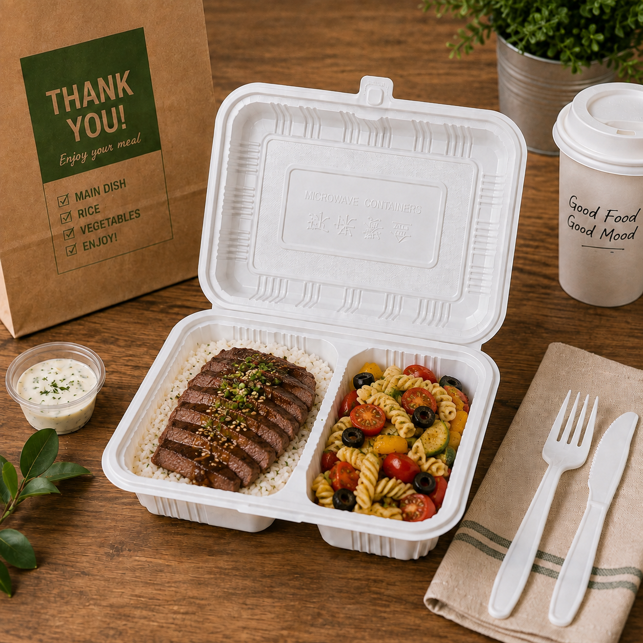 2 Compartment Takeout PP Plastic Clamshell Box 500ml for Main Dishes / Side Portions