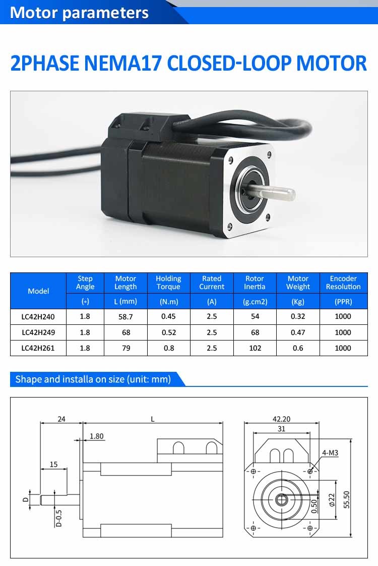 Lichuan 3A DC Closed Loop Stepper Motor Drivers Kit 0.8N.m 2 Phase Nema17 DC24V~50V 2.5A 1000PPR