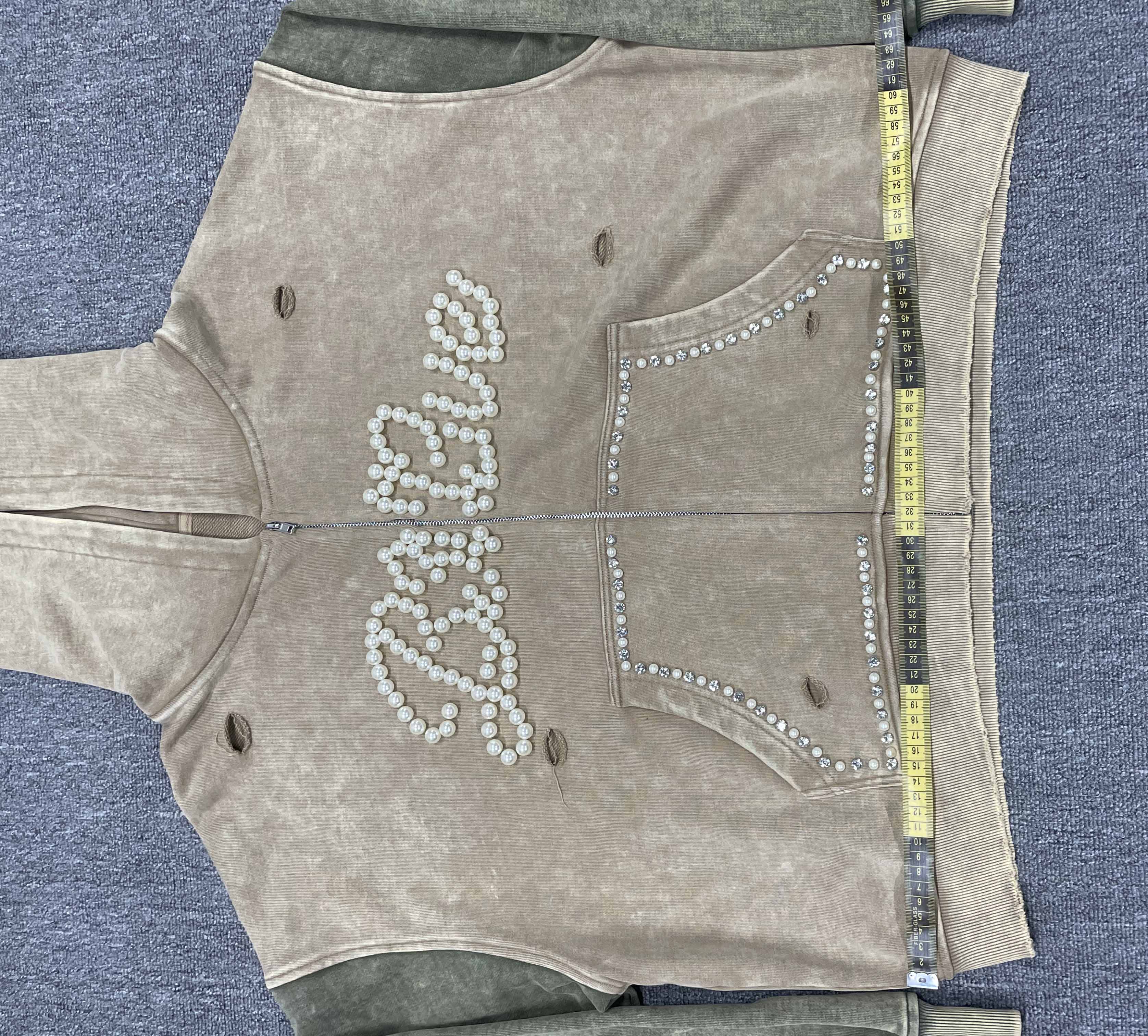 Tianan Custom Acid Wash Hoodie Vintage Stone Wash Distressed Pearl Rhinestone Spliced Sleeve Streetwear Loose Boxy Zipper Hoodie