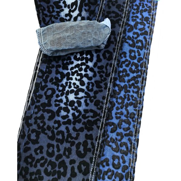 Black Leopard Print Twill Style Denim Fabric 70%Cotton Dark Blue For Jacket Or Jeans