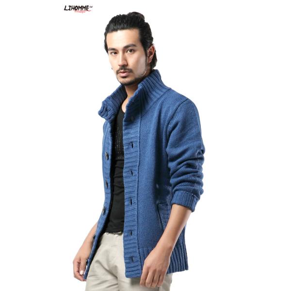 Autumn Winter Men's Stand Collar Sweater with Thick Needle and Single Breasted Buckle
