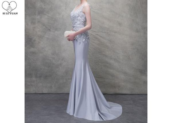 Sleeveless Silver Mermaid Style Prom Dress Lace Beaded Back Semi Nude Sweep Train
