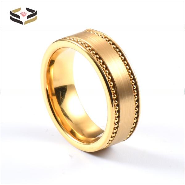 Bague de mariage pour homme en carbure de tungstène plaqué or 8mm avec incrustation de chaîne de perles dorées