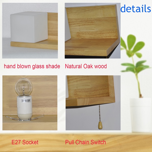 Oak wood wall lamp with hand blown white glass shade E27 40Wx1 CE/ROHS Made in China
