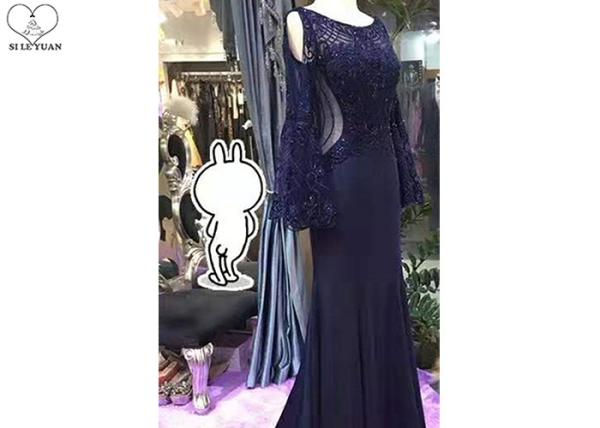 Top Backless Navy Blue Mermaid Dress / Sweep Train Prom Dress Long Horn Sleeve