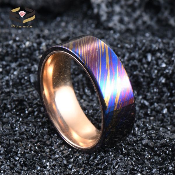 8mm Timascus Steel Ring with Rose Gold Titanium Inlay Add a Touch of Glamour to Your Look