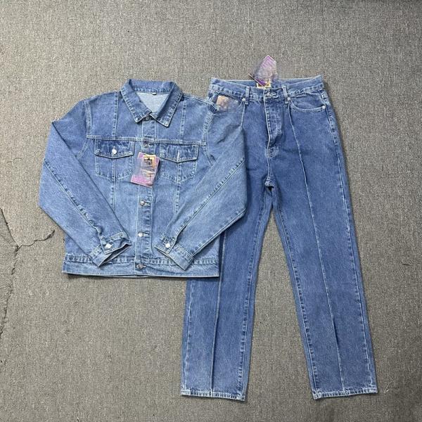 Men's Outerwear Blue Jeans Sets Washed Printing Denim Jacket Set Weaving Method Woven