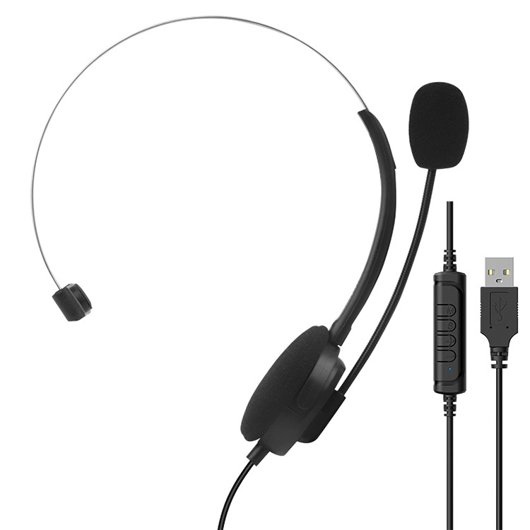 USB head mounted wired single ear headphones with high-definition call microphone, online control of mute volume, used for PC laptops, office customer service in the call center, supporting OEM/ODM