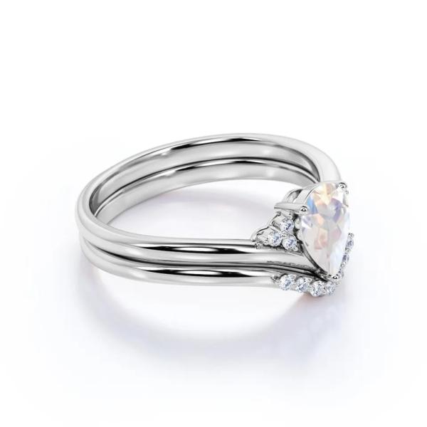 S925 Gold Natural Pear Shape Cz Rainbow Moonstone Ring Boho Wedding Set