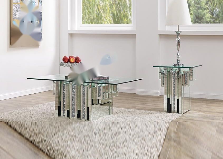 Noralie Mirrored Finish Coffee Table with Square Glass Top and Contemporary Design