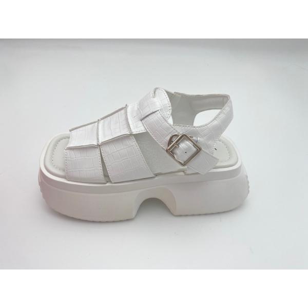 Women white sandals with thick soled and metal button genuine leather