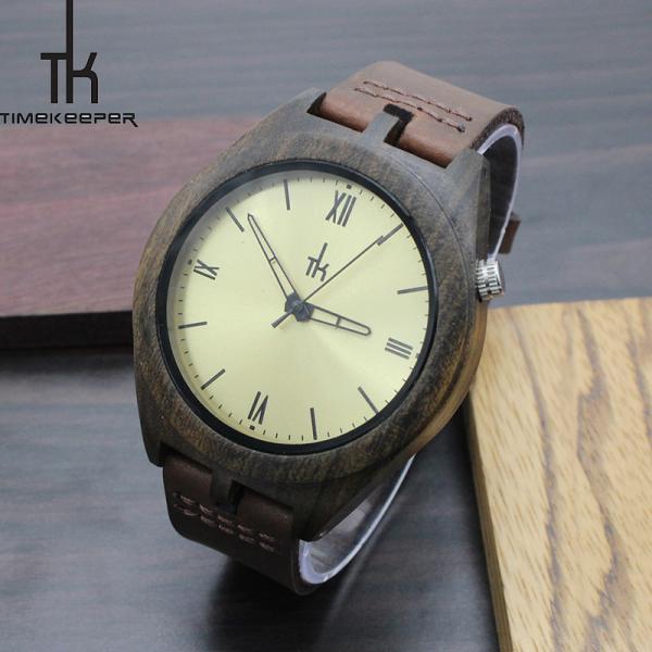 Sandalwood Wooden Mens Brown Leather Watch Japan Quartz Movement